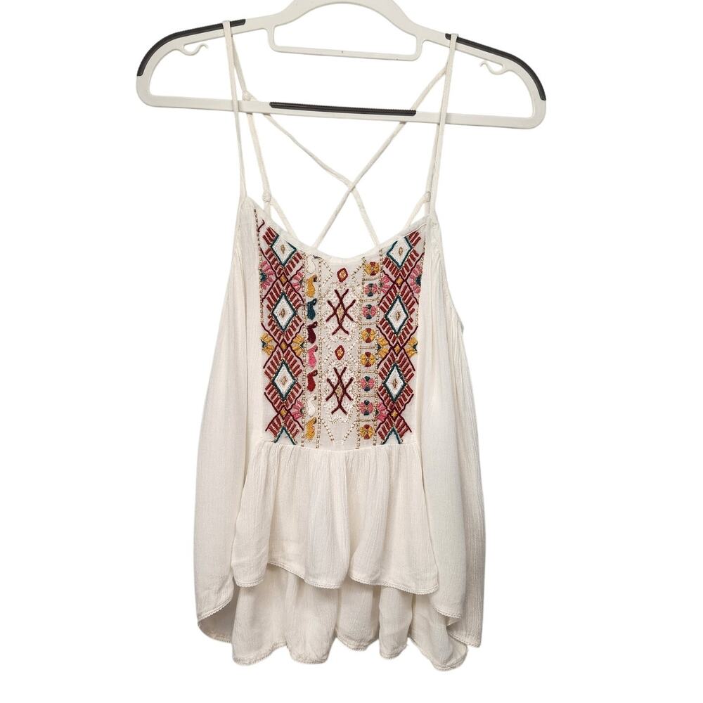 NWT Ecote Urban Outfitters Cream Crinkle Embroidered Flowy Tank Top Women's S‎
